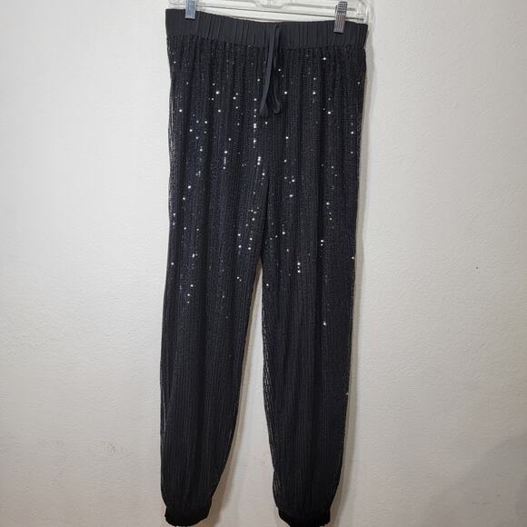 GiGio Black Sequin Joggers M Pants Sparkle Discocore Glam Lined Medium - Picture 3 of 13